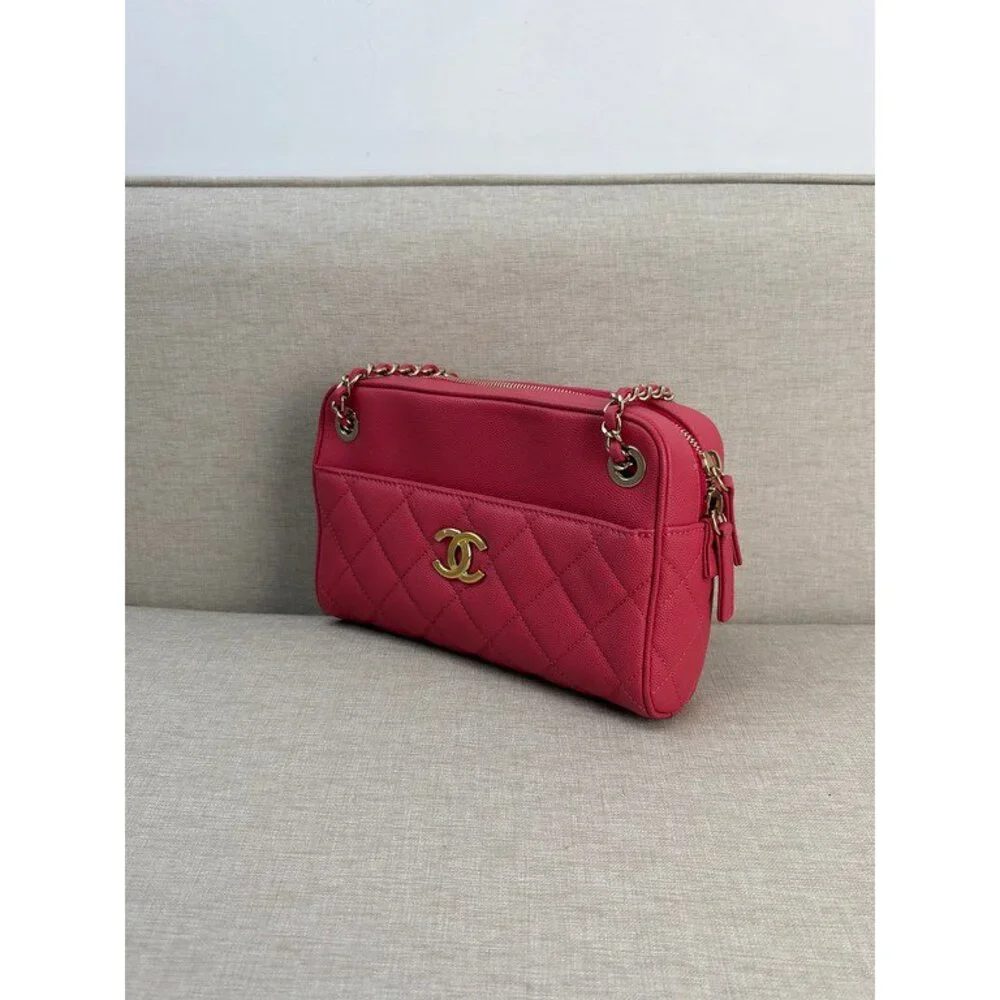 CHANEL Pink Red Caviar Camera Case Bag GHW